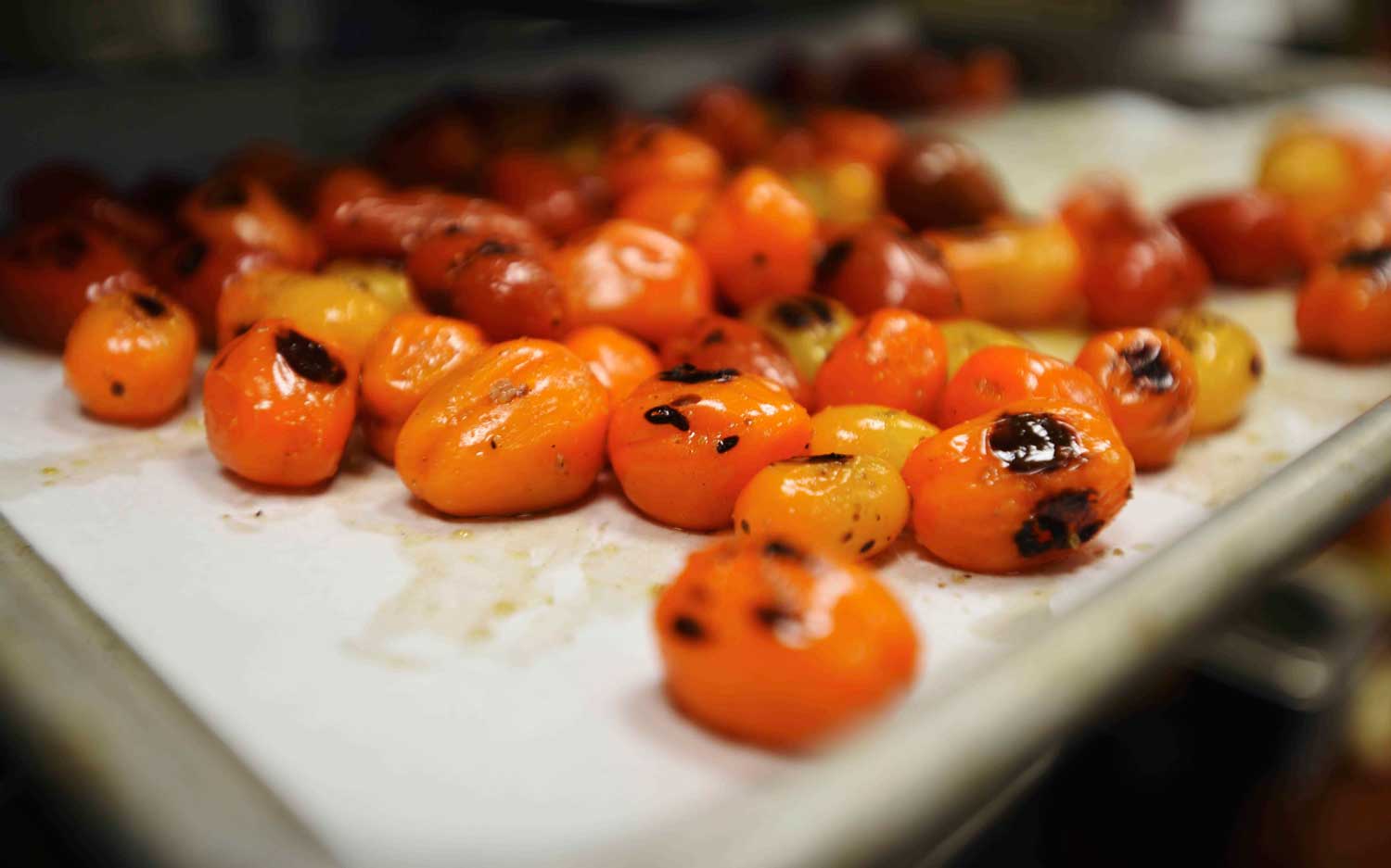 Summer tomatoes, freshly grilled, cool on a baking sheet