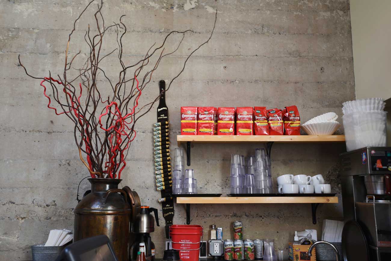 The coffee station at Brenda's is bright and colorful, like the flavors at the restaurant.