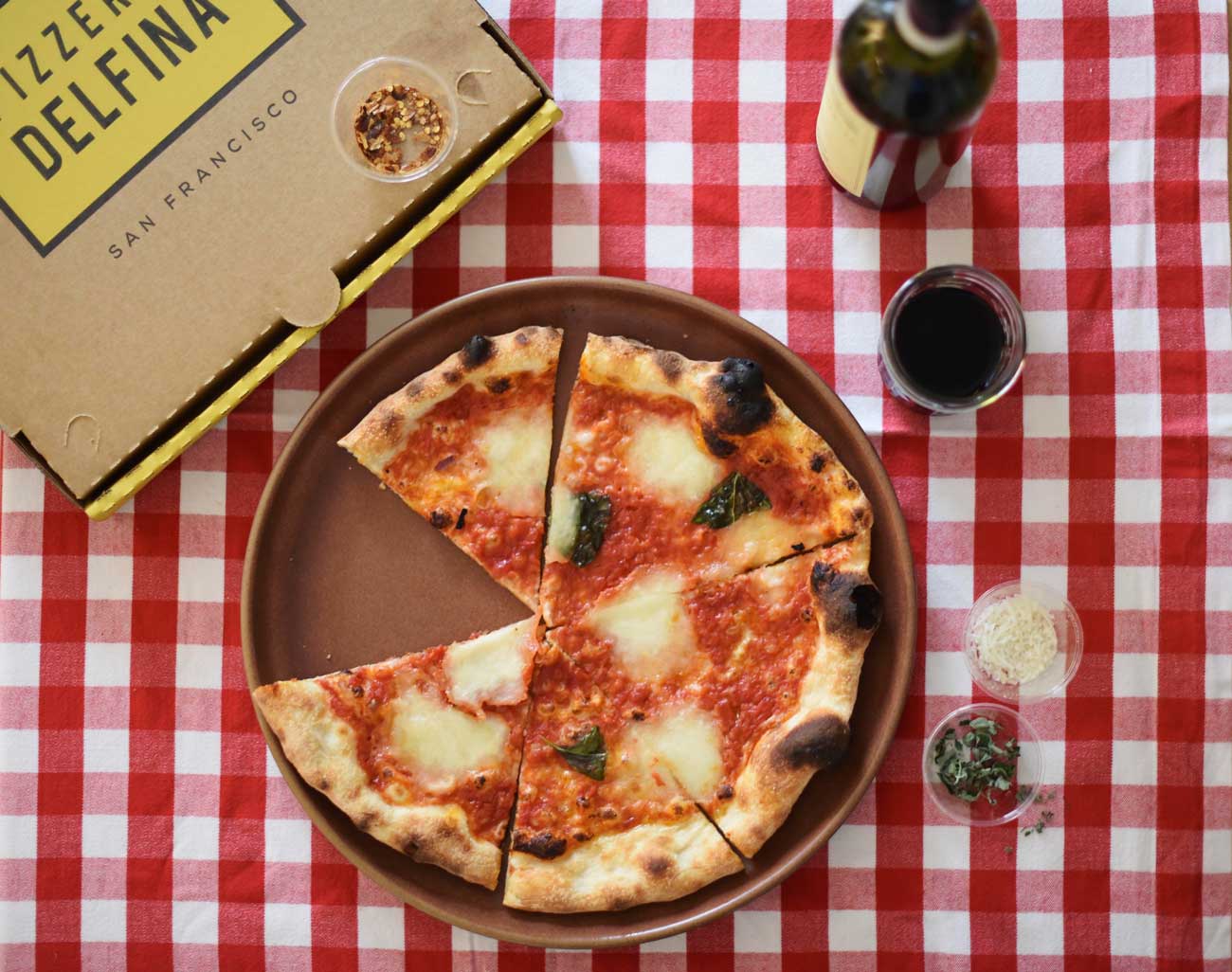 The class margherita pizza from Pizzeria Delfina - perfect with a glass of wine.