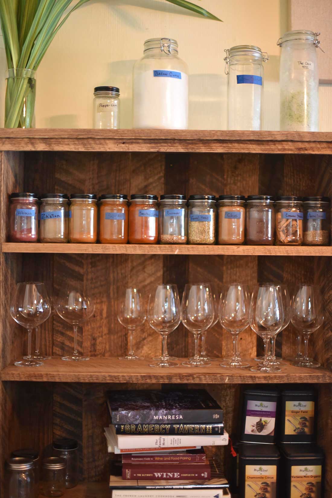 The spice rack at Hillside sits in the back dining room.