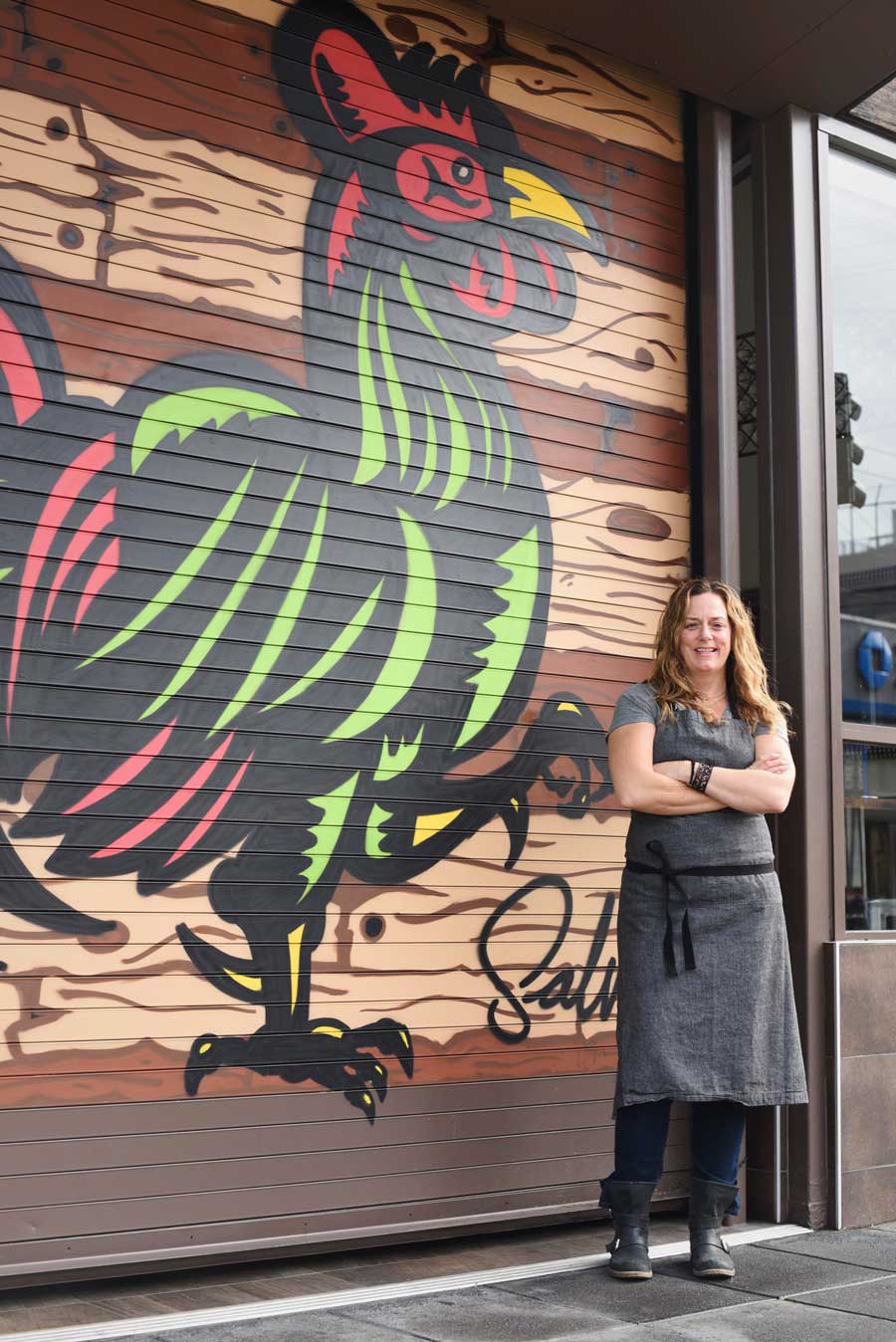 The rooster mural on the storefront of chef Trish Tracey's Myriad Gastro Pub is a playful, colorful sight on Mission Street in San Francisco. 