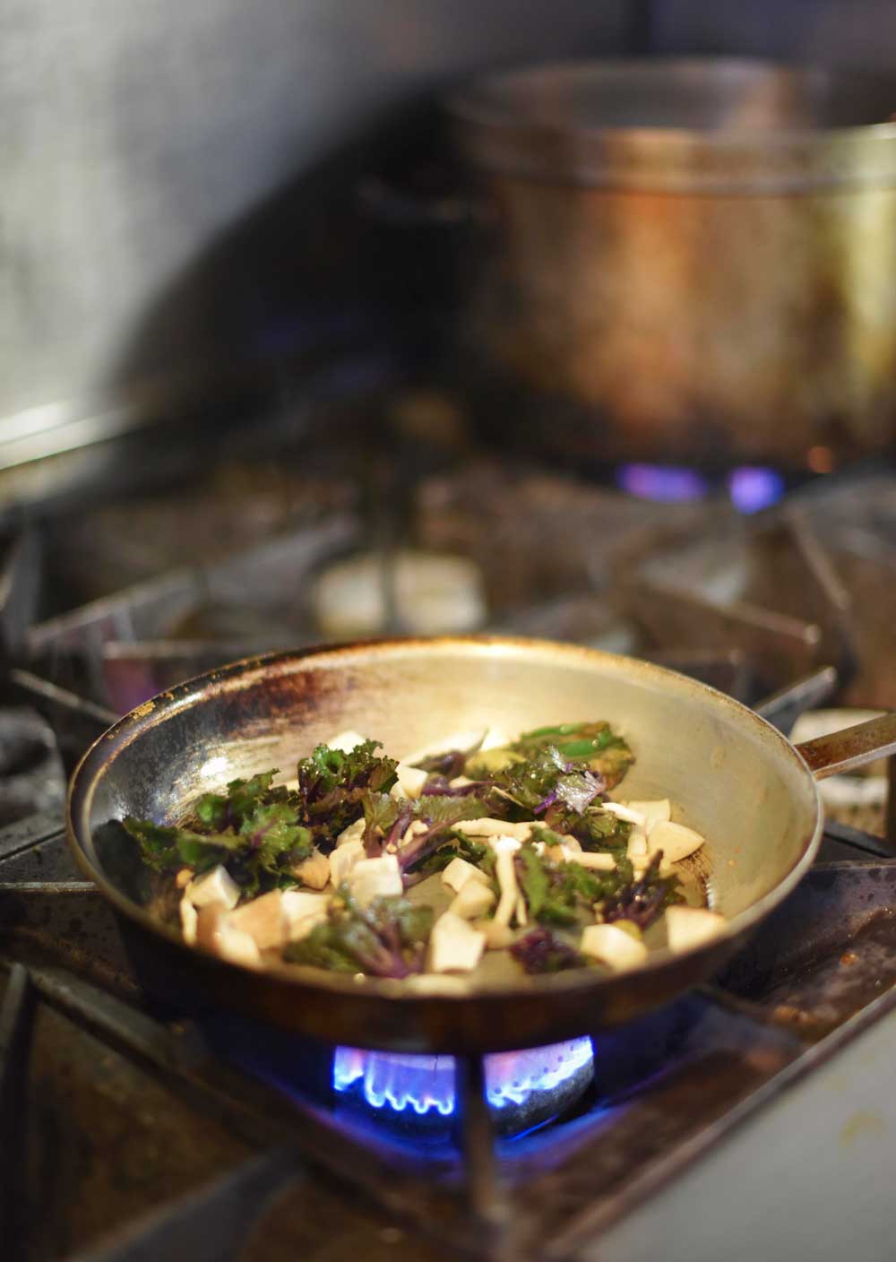 Pappardelle is warmed on the stove. 