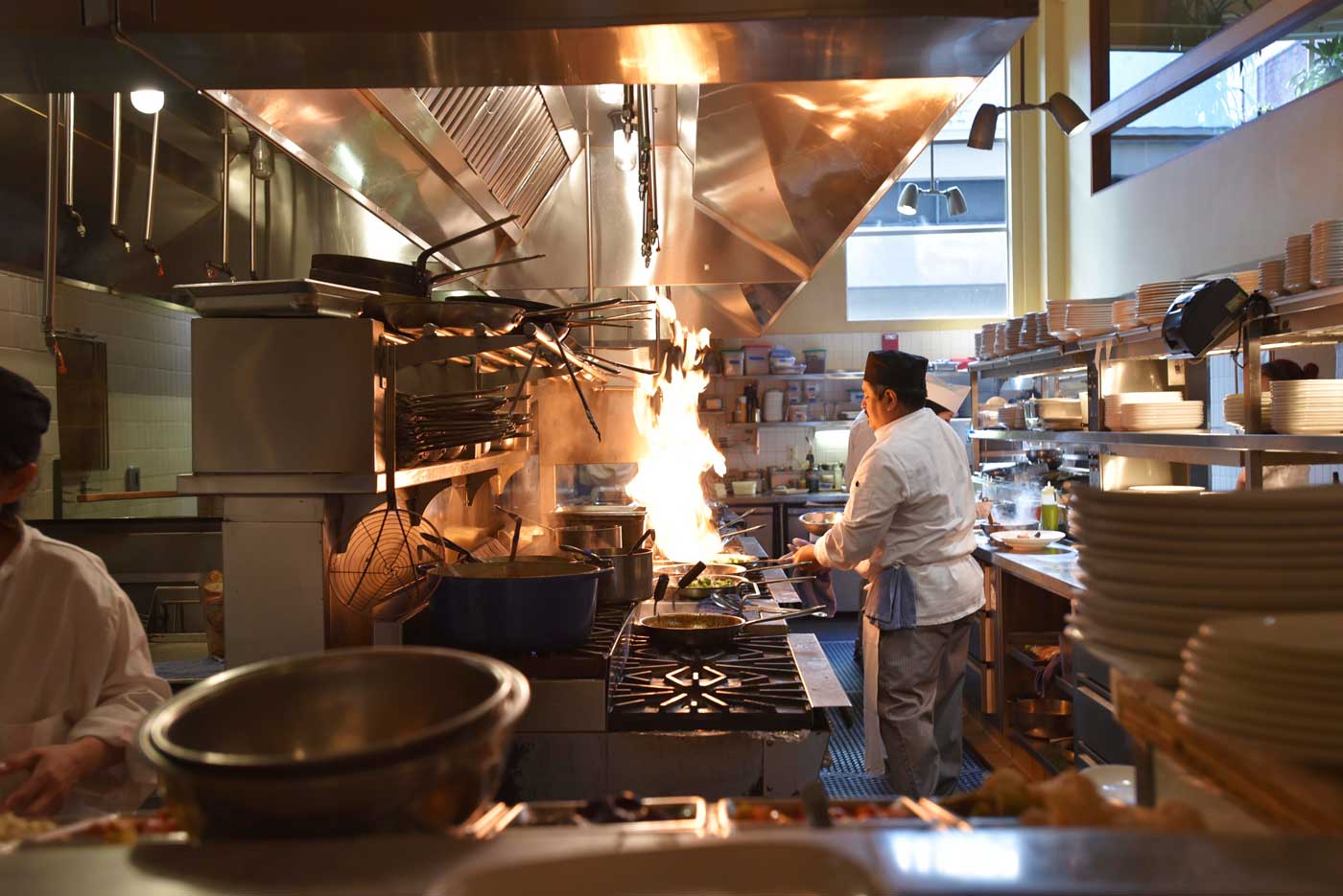 Meals are seared in open flame at Perbacco.
