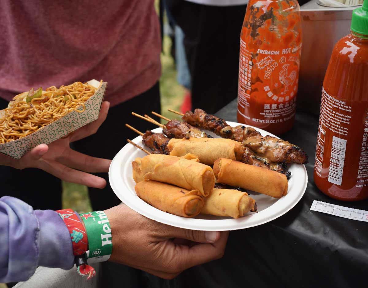 Fried egg rolls, grilled chicken satays with peanut sauce, noodles, and a side of sriracha. Excellent music festival sustenance.