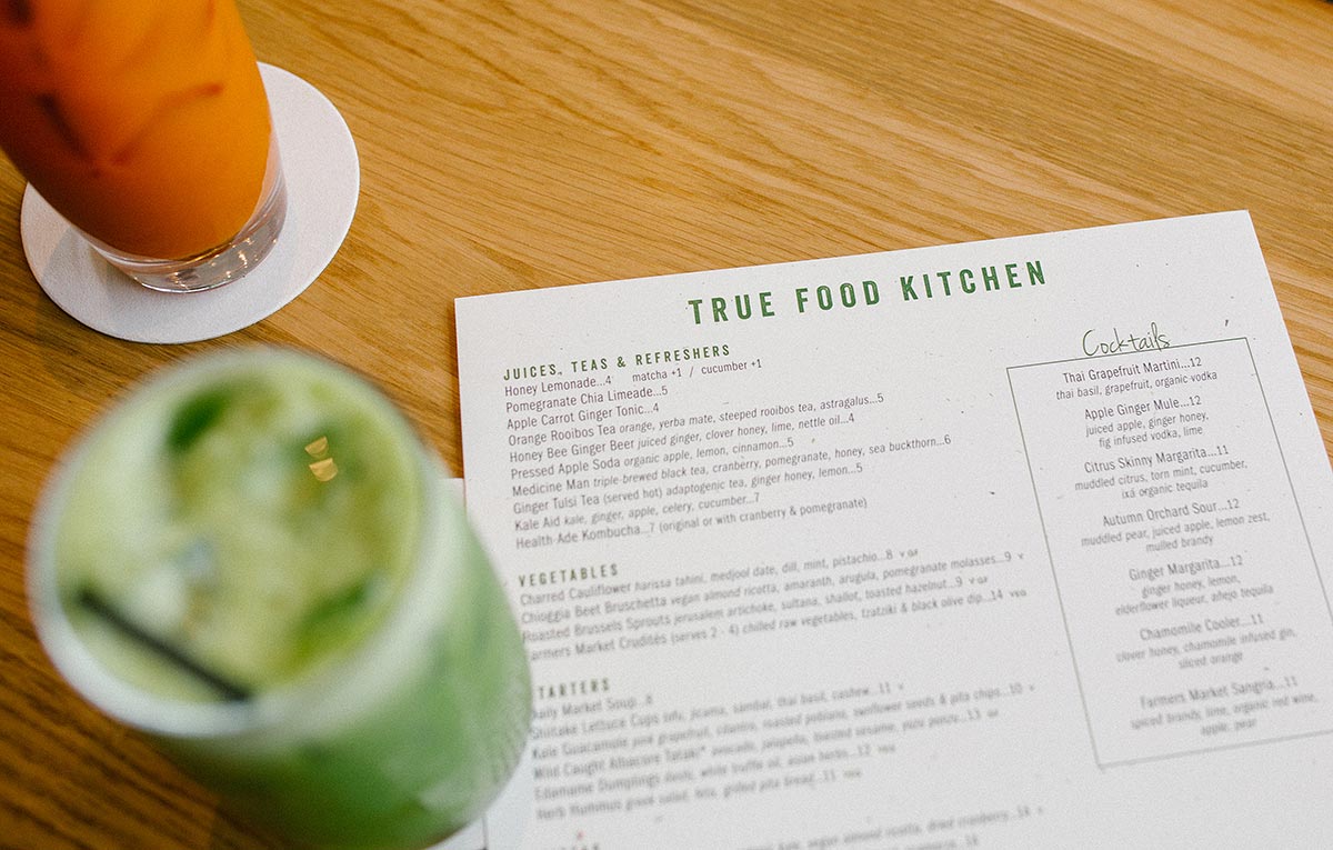 The menu at True Food Kitchen features a full offering of vegan, pescatarian, and gluten free options, all with an anti-inflamatory diet in mind.