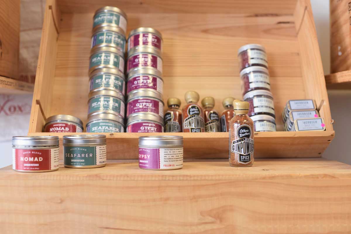 Spices and pickled items are sold at the Baia Pasta shop, in addition to their artisan pasta.