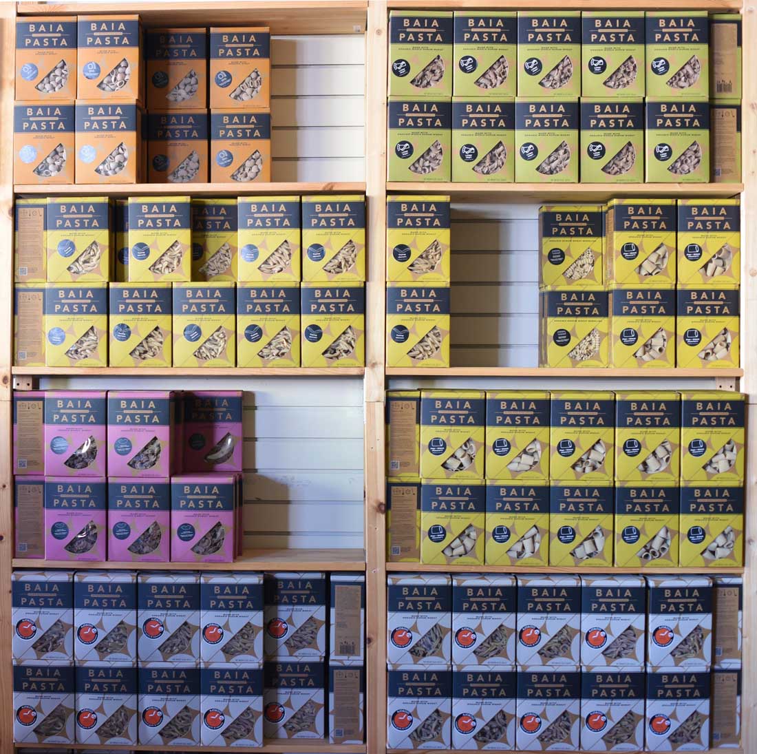 The bright Baia Pasta packaging stands out on the shelf.