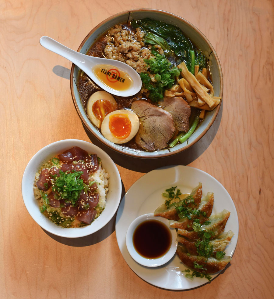 Shoyu ramen with added egg, tuna yamakake, and five-piece pork gyoza - a full meal now available right across the street from Oakland's Fox Theater.