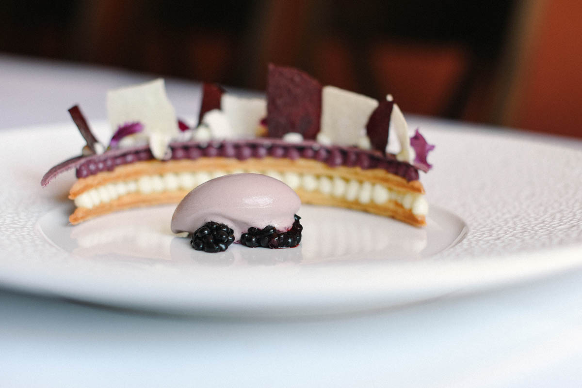 Meticulously constructed berry dessert at Acquerello 