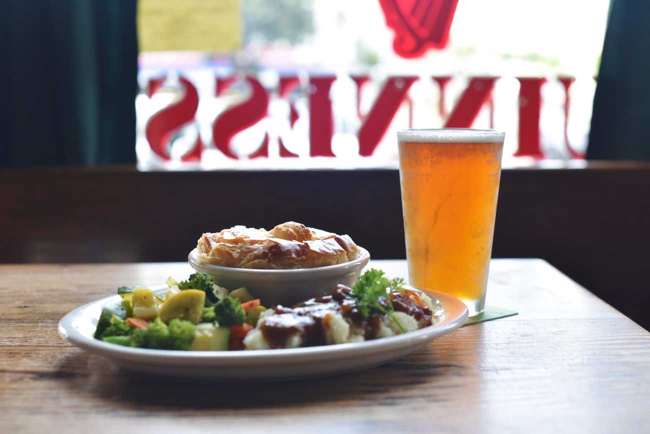 A crisp lager pairs perfectly with the Steak and Mushroom Pie at the Pig and Whistle, though this isn't the kind of establishment that suggests pairings.