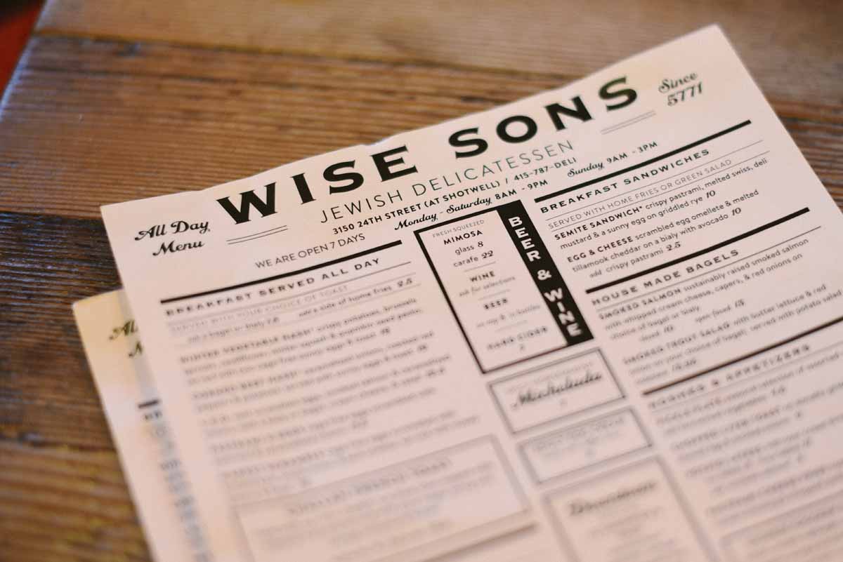 The menu at Wise Sons   